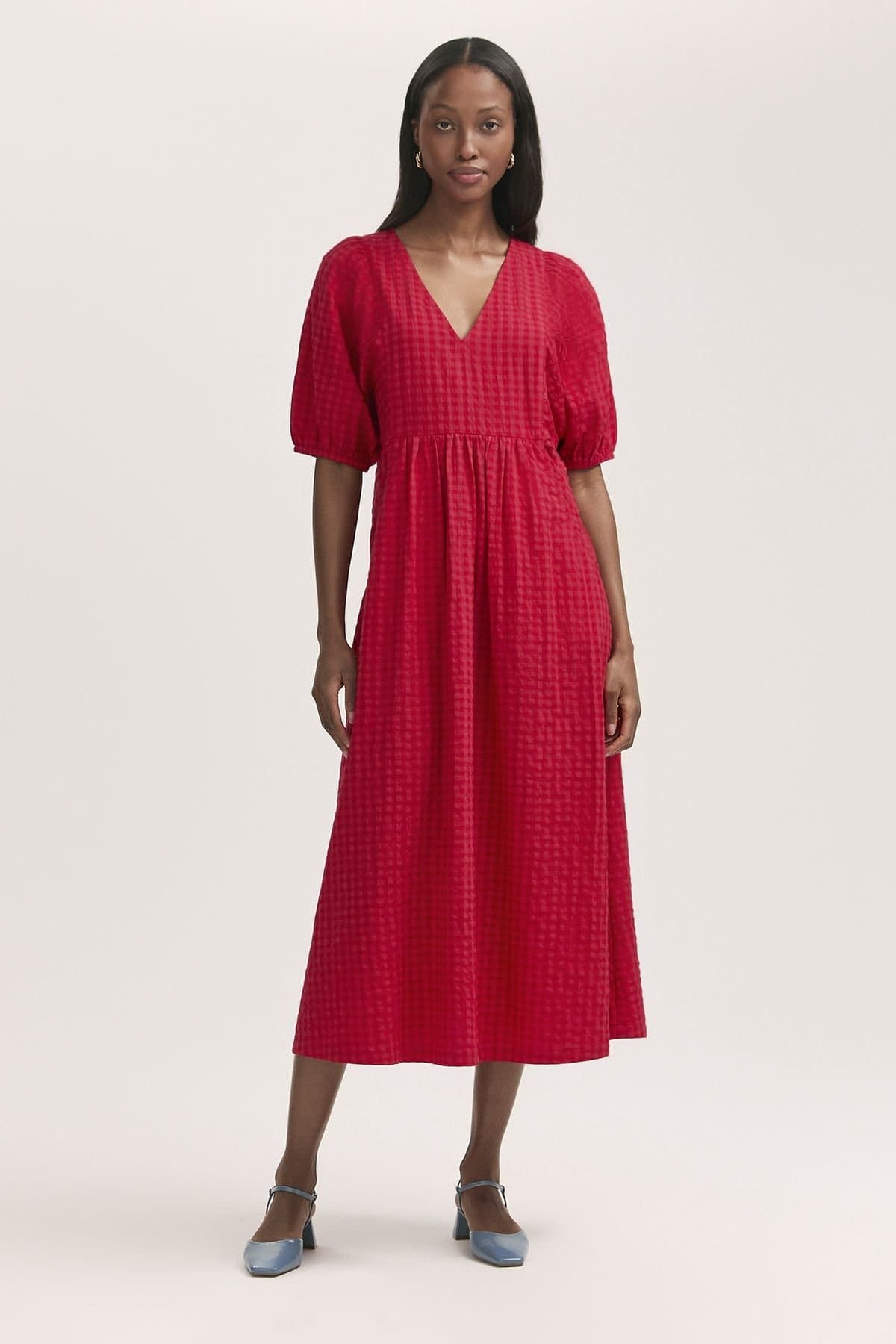 Finery London Finery London Women's Gingham Seersucker Midi Dress in Red
