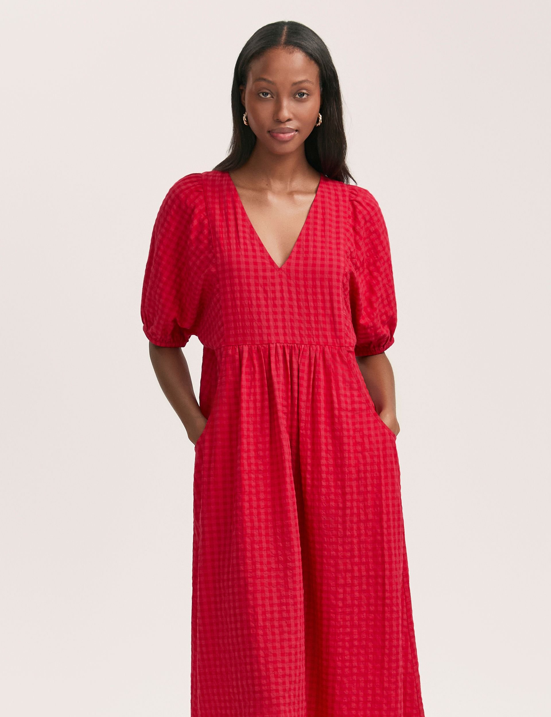 Finery London Finery London Women's Gingham Seersucker Midi Dress in Red - 2
