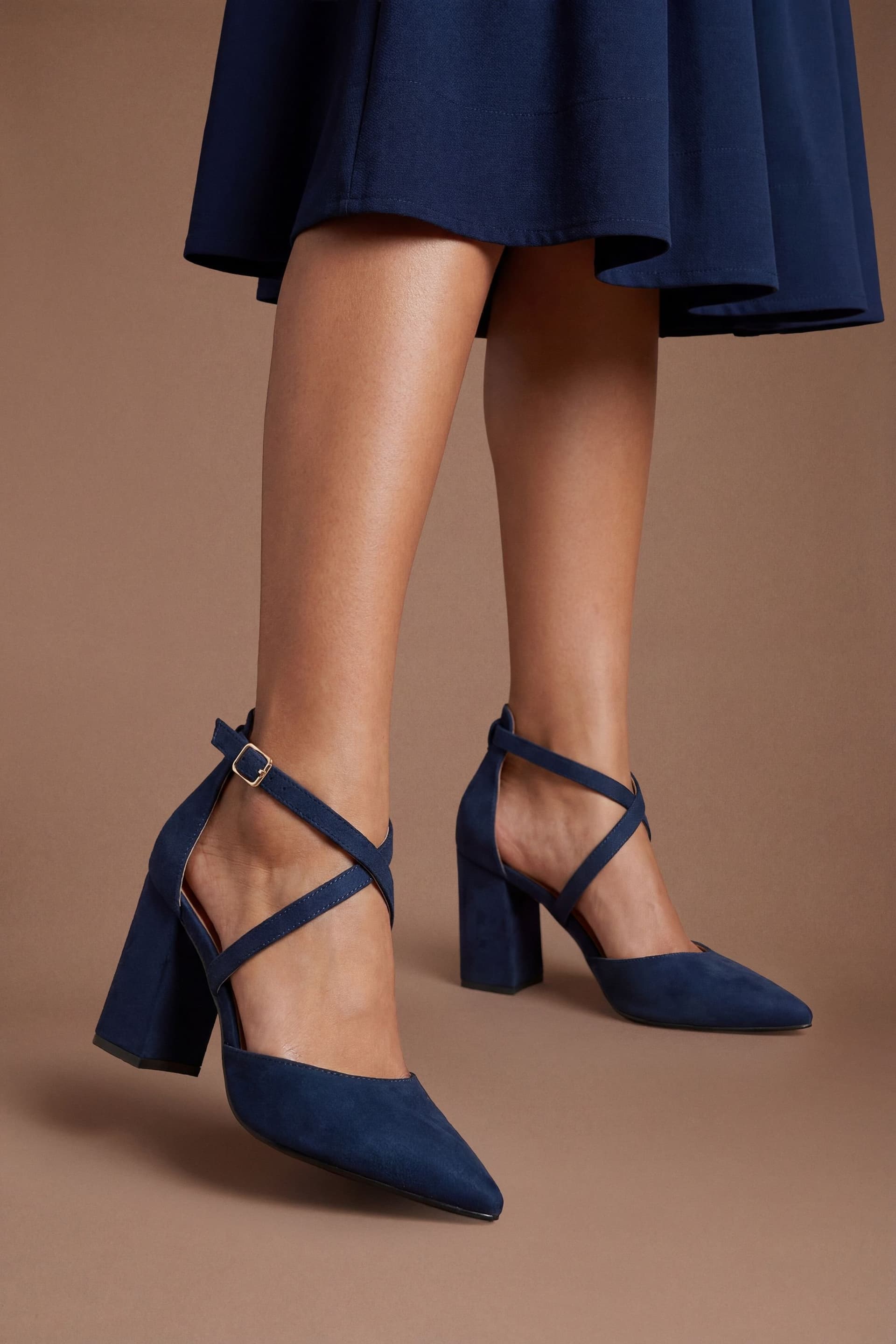 Coast Coast Women's Wide Fit Treat Faux Suede Cross Strap Pointed Block Heel Court Shoes in Navy