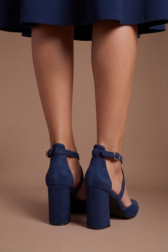 Coast Coast Women's Wide Fit Treat Faux Suede Cross Strap Pointed Block Heel Court Shoes in Navy - 2
