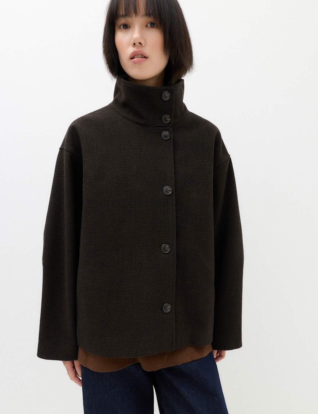 Marks & Spencer M&S Checked Funnel Neck Short Coat with Wool Brown Mix