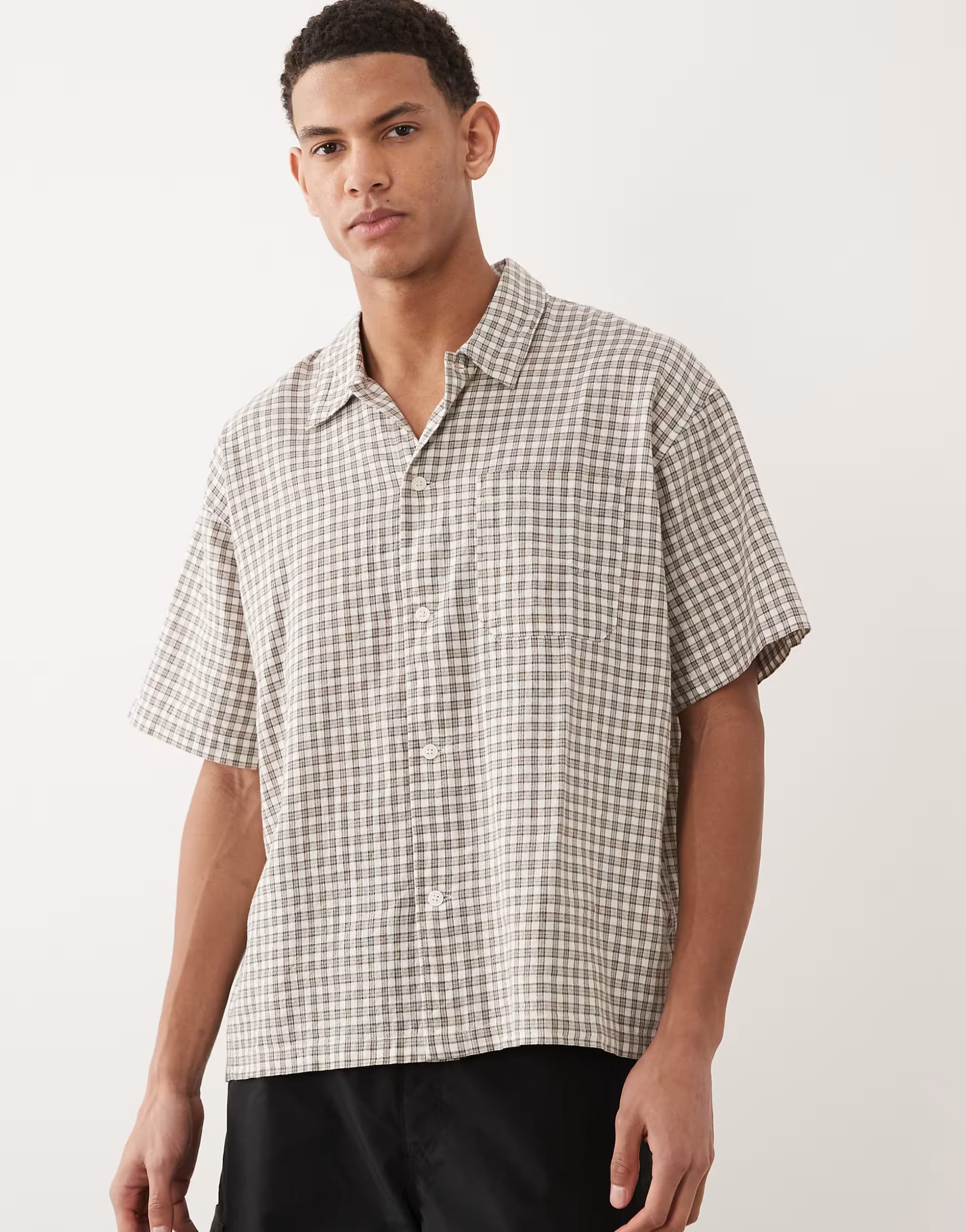 ASOS Jack & Jones linen blend cropped short sleeve check shirt in khaki