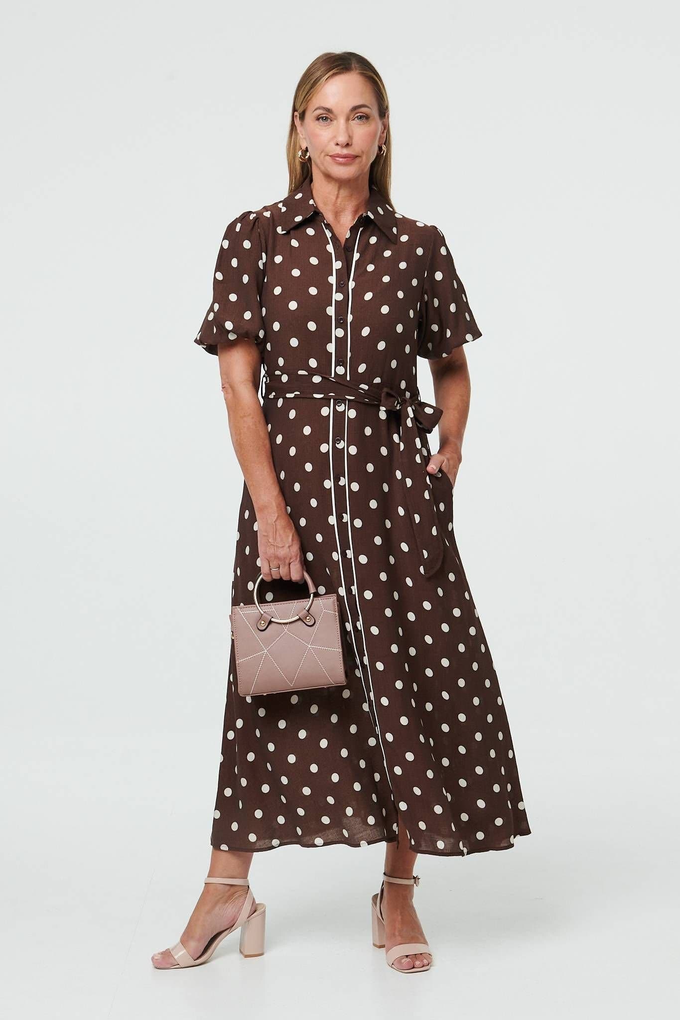 Izabel London Izabel London Women's Polka Dot Tie A-Line Midi Shirt Dress in Brown