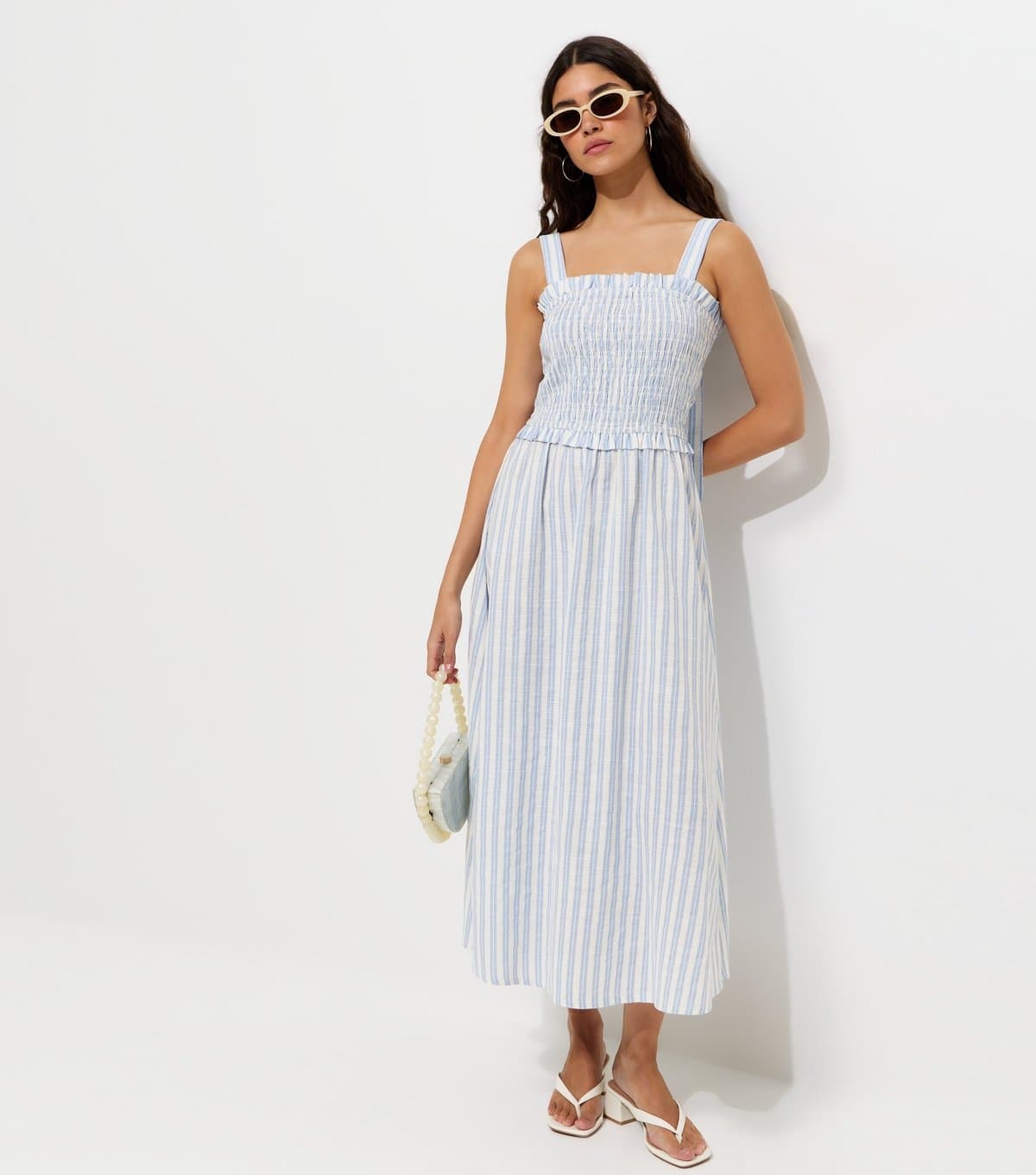 New Look Women's Blue Striped Shirred Bodice Bow Back Midi Dress New Look