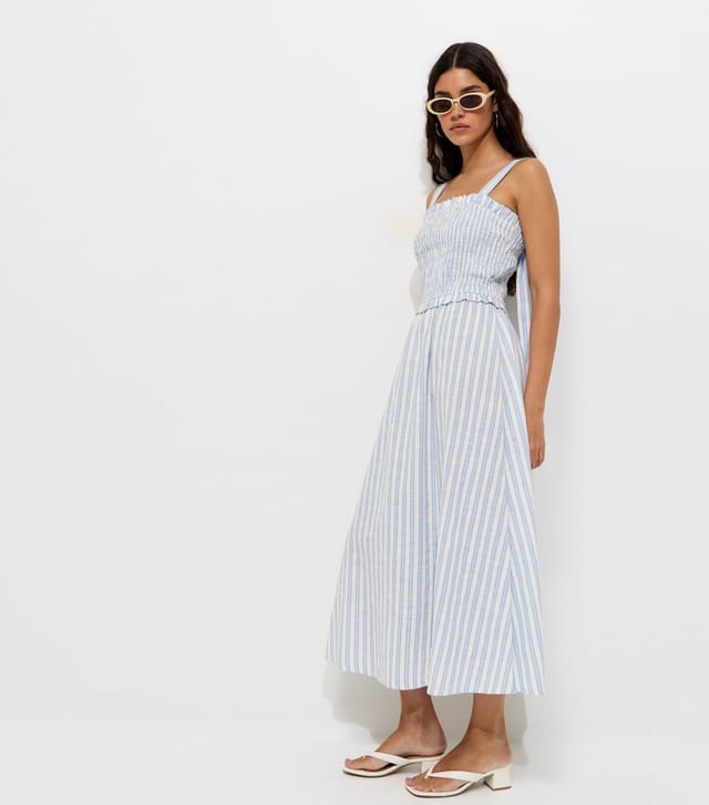 New Look Women's Blue Striped Shirred Bodice Bow Back Midi Dress New Look - 3