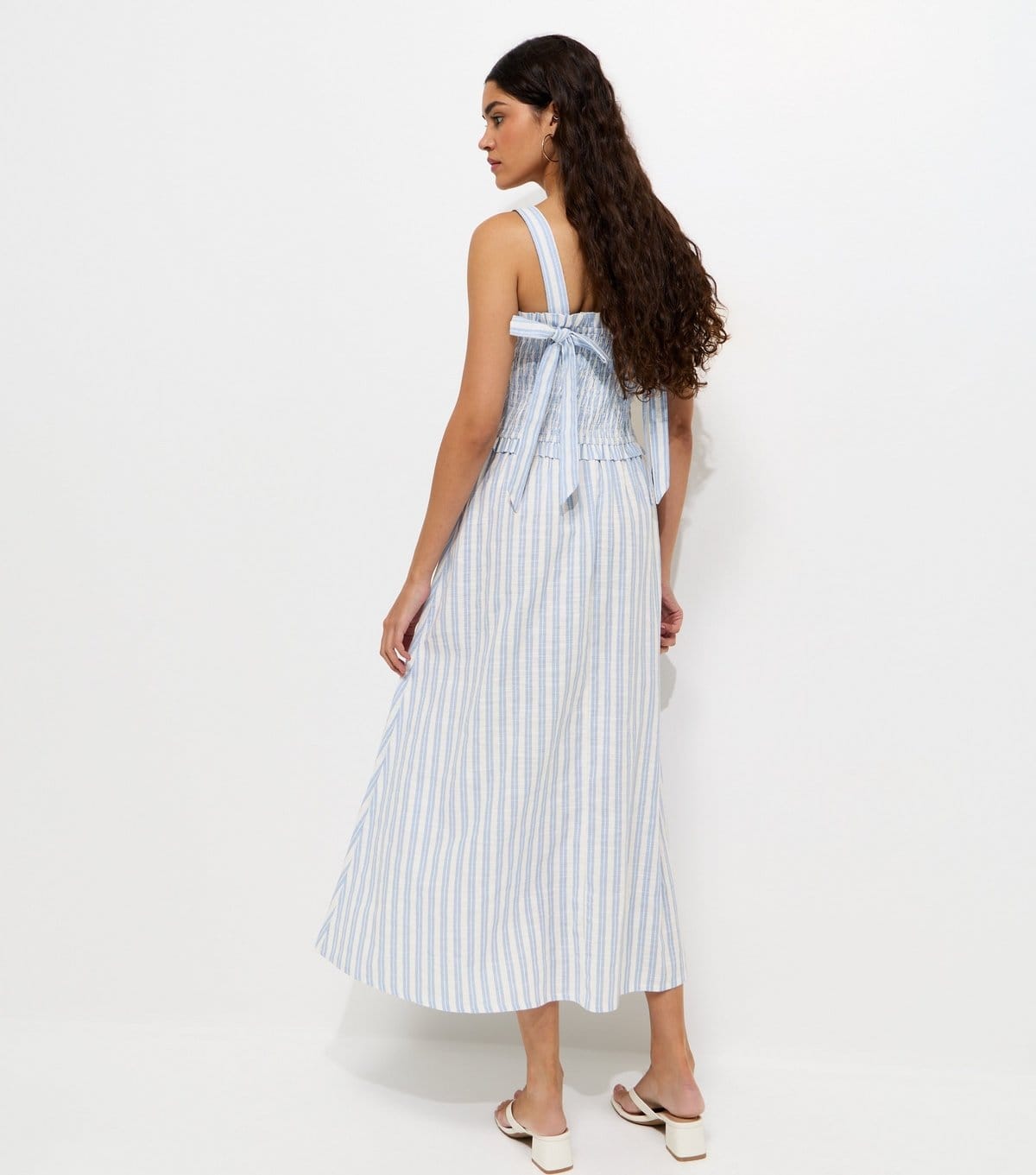 New Look Women's Blue Striped Shirred Bodice Bow Back Midi Dress New Look - 4