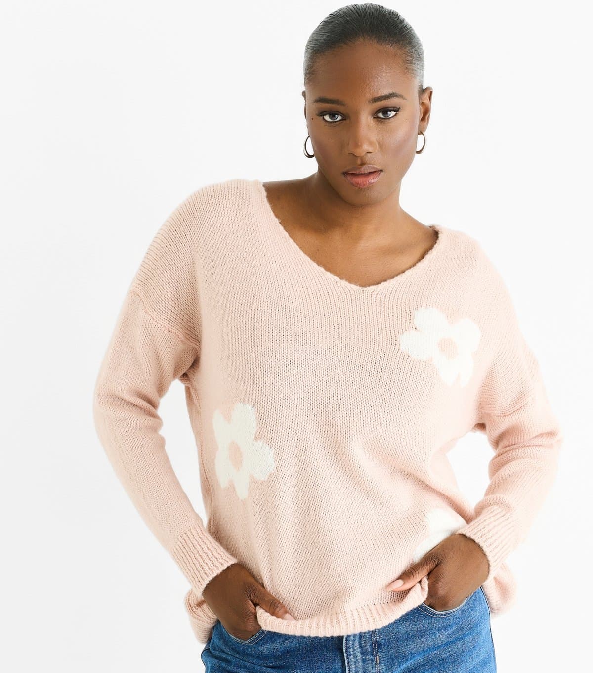 Gini London Women's Pink Flower Pattern Knit Jumper Gini London New Look