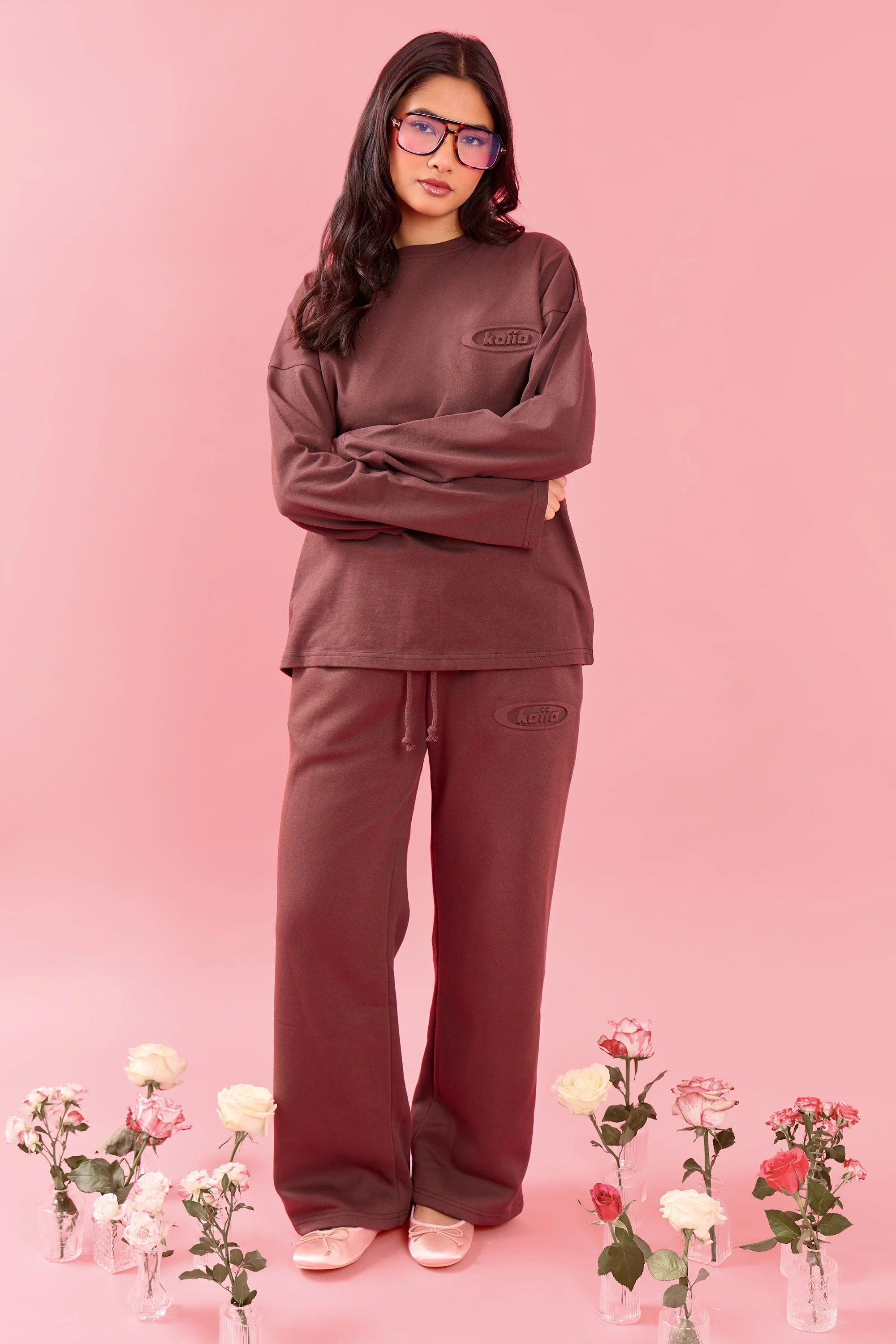 Kaiia Kaiia Oval Embossed Oversized Long Sleeve T-shirt Cocoa Brown - 3