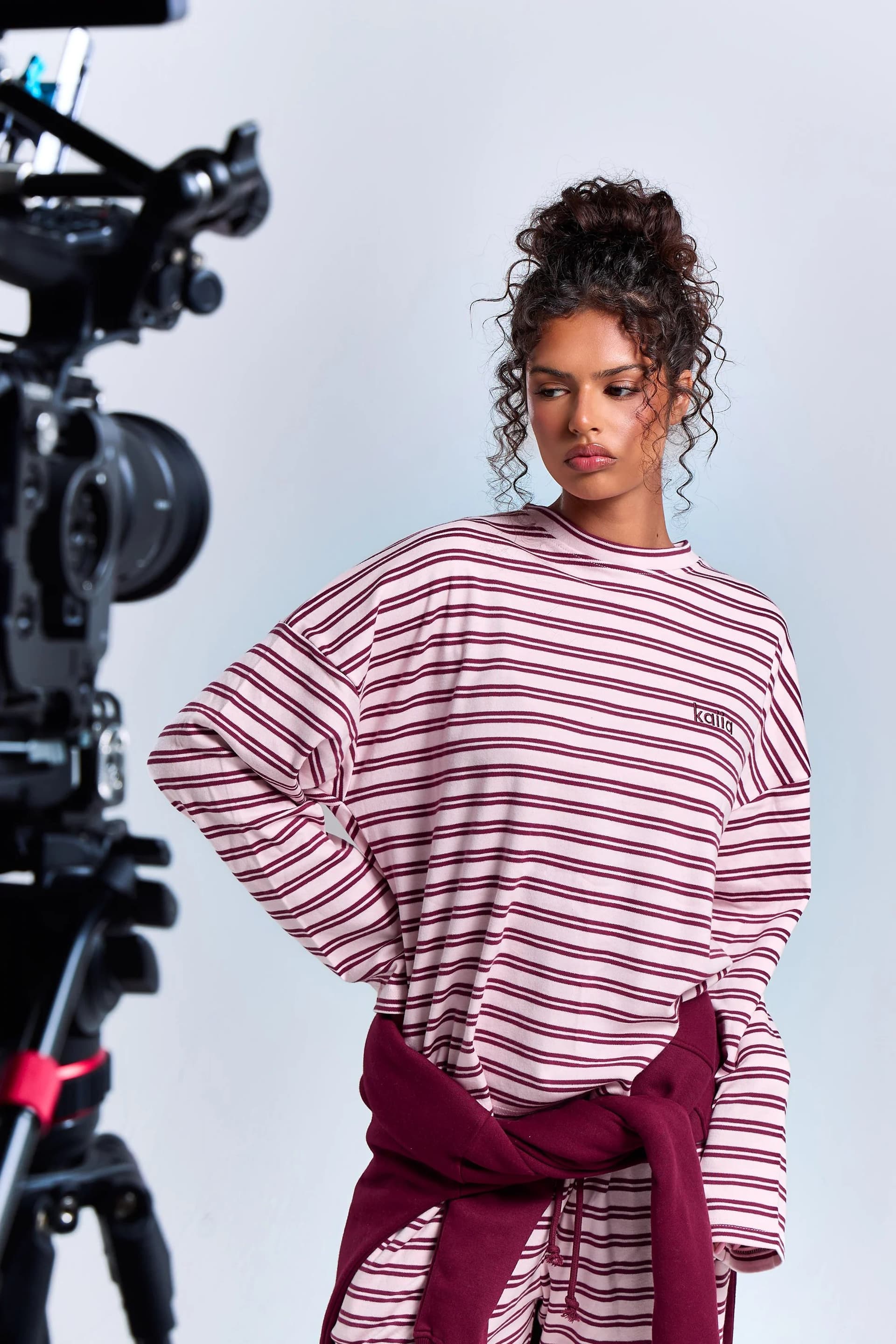 Kaiia Kaiia Interlock Stripe Oversized Top Pink Chai & Burgundy