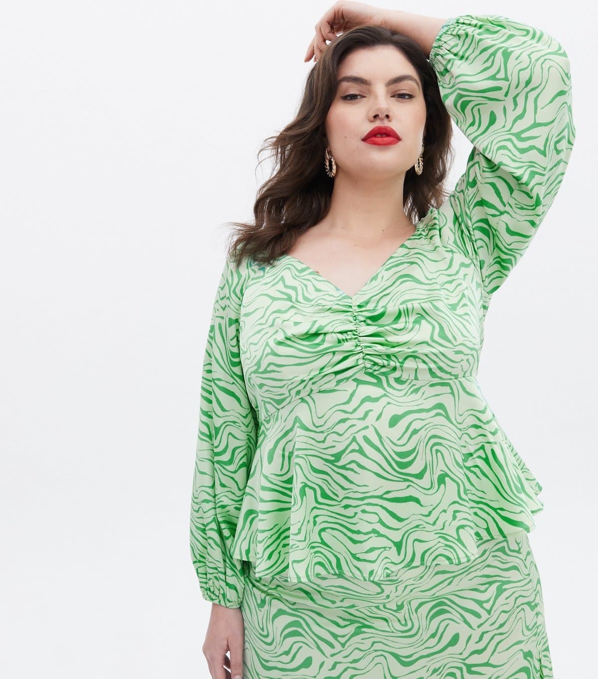 New Look Women's Plus Size Green Zebra Print Satin Peplum Top Curves New Look