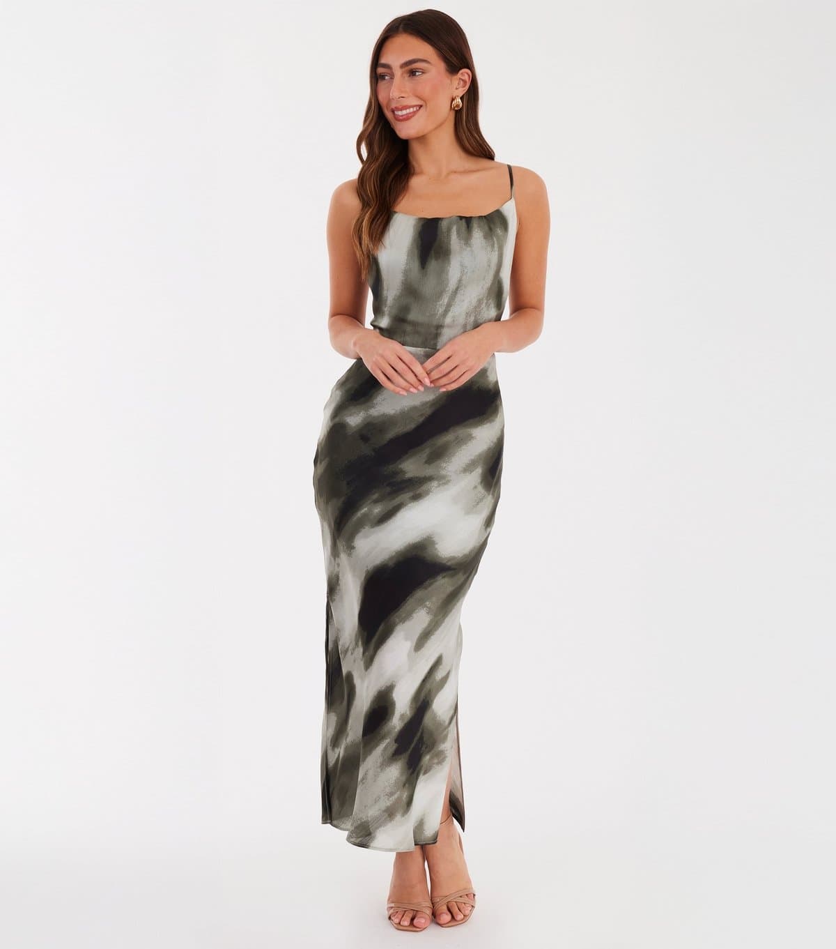 Quiz Women's Light Khaki Satin Marble Print Midaxi Dress Quiz New Look