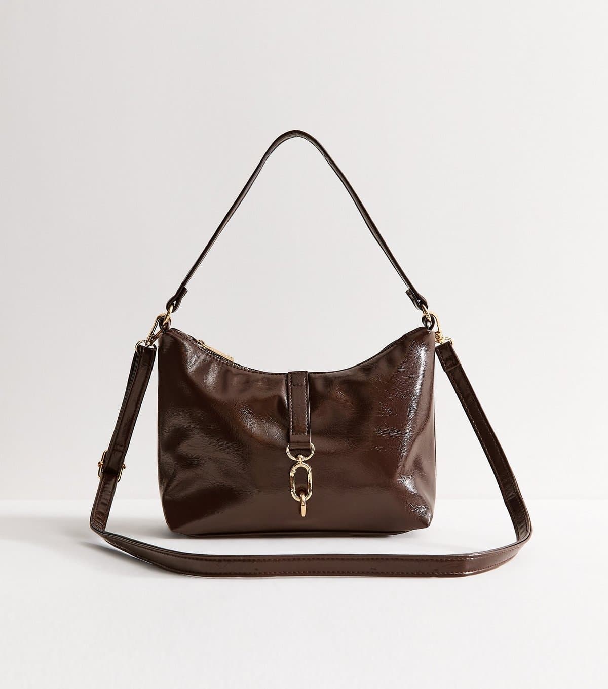 New Look Dark Brown Patent Faux Leather Dual Strap Mini Shoulder Bag New Look