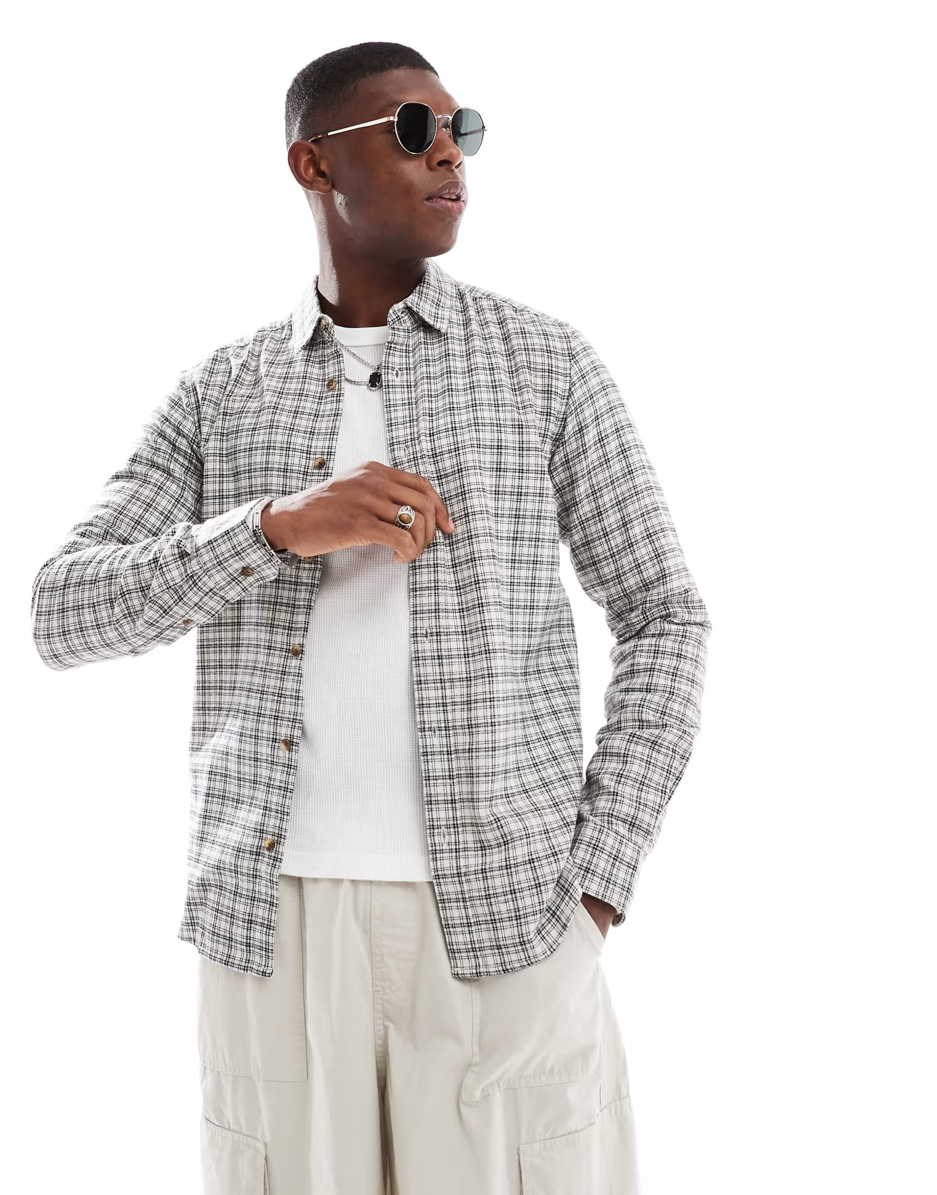 ASOS ONLY & SONS small check shirt in cream