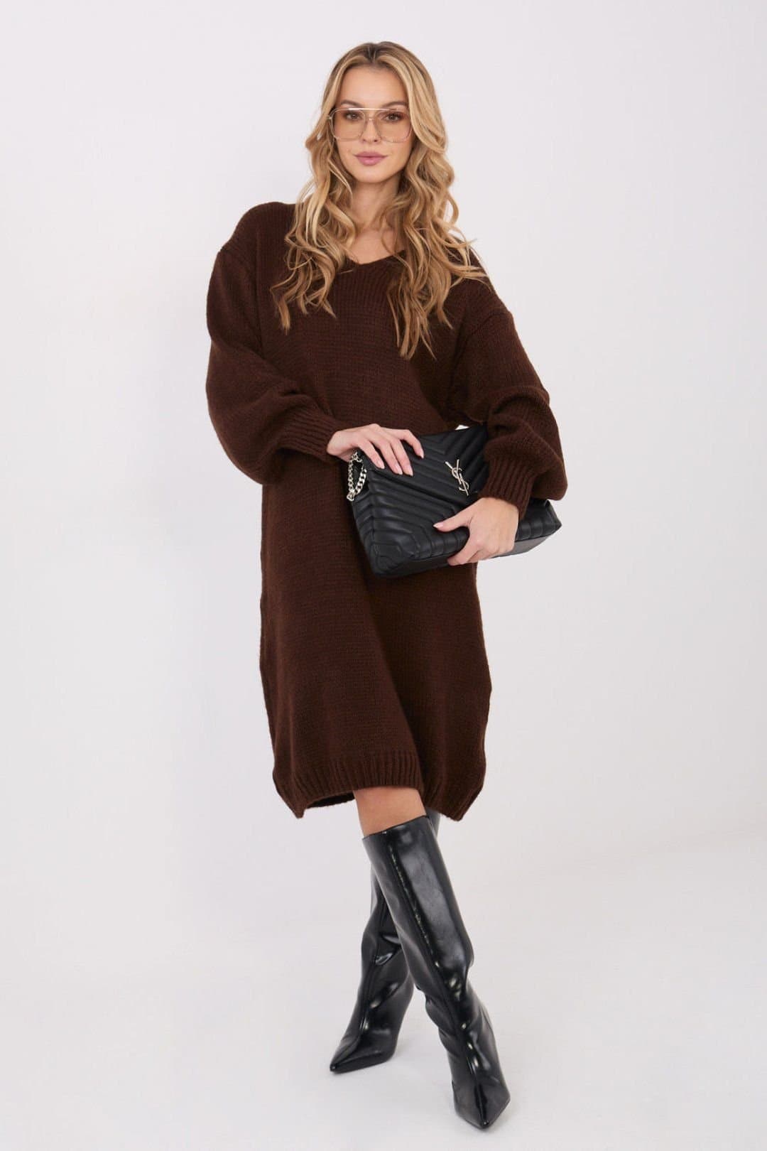 Love Lace Love Lace Women's Loose Midi Sweater Dress V Neck Knit in Brown