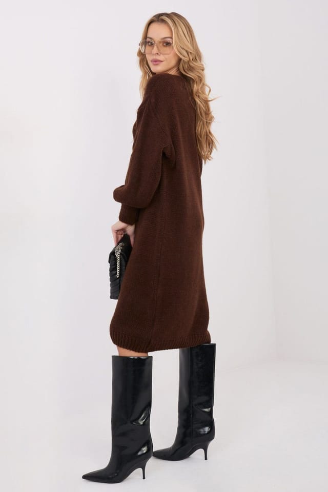 Love Lace Love Lace Women's Loose Midi Sweater Dress V Neck Knit in Brown - 2
