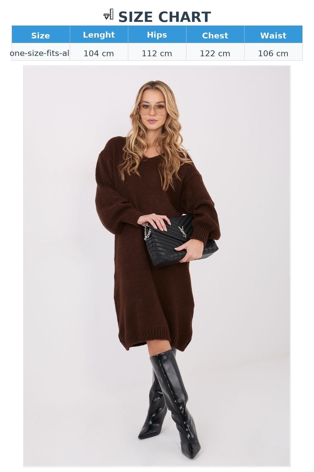 Love Lace Love Lace Women's Loose Midi Sweater Dress V Neck Knit in Brown - 4
