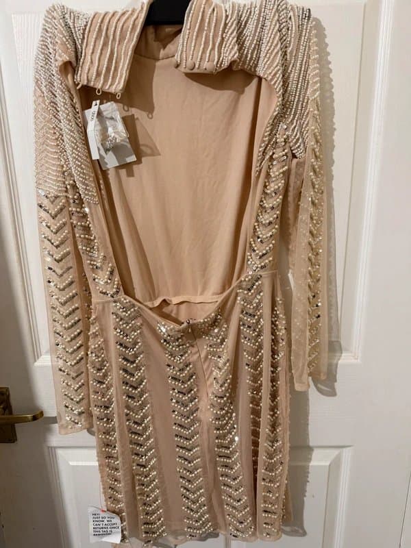 ASOS Nude Beaded & Sequin Long Sleeve Midi Dress – Size UK 14 / US 10