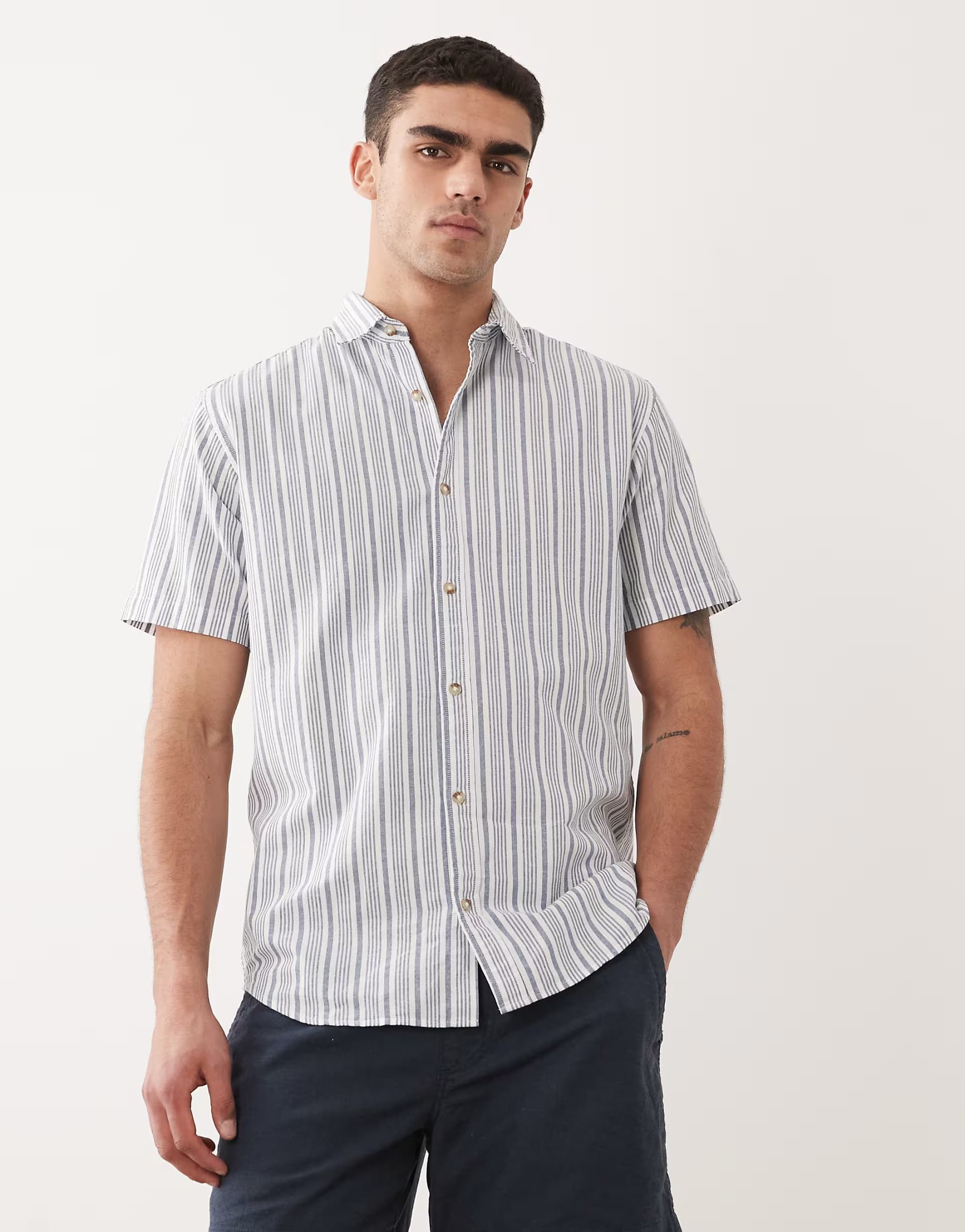 ASOS Jack & Jones short sleeve stripe oxford shirt in blue