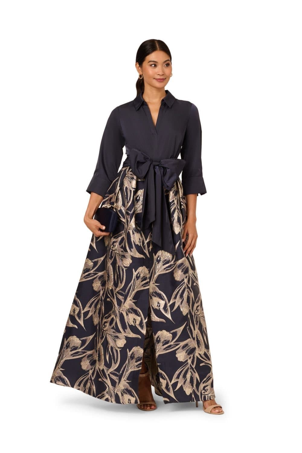 Adrianna Papell Adrianna Papell Women's Shirt Jacquard Long Dress in Navy