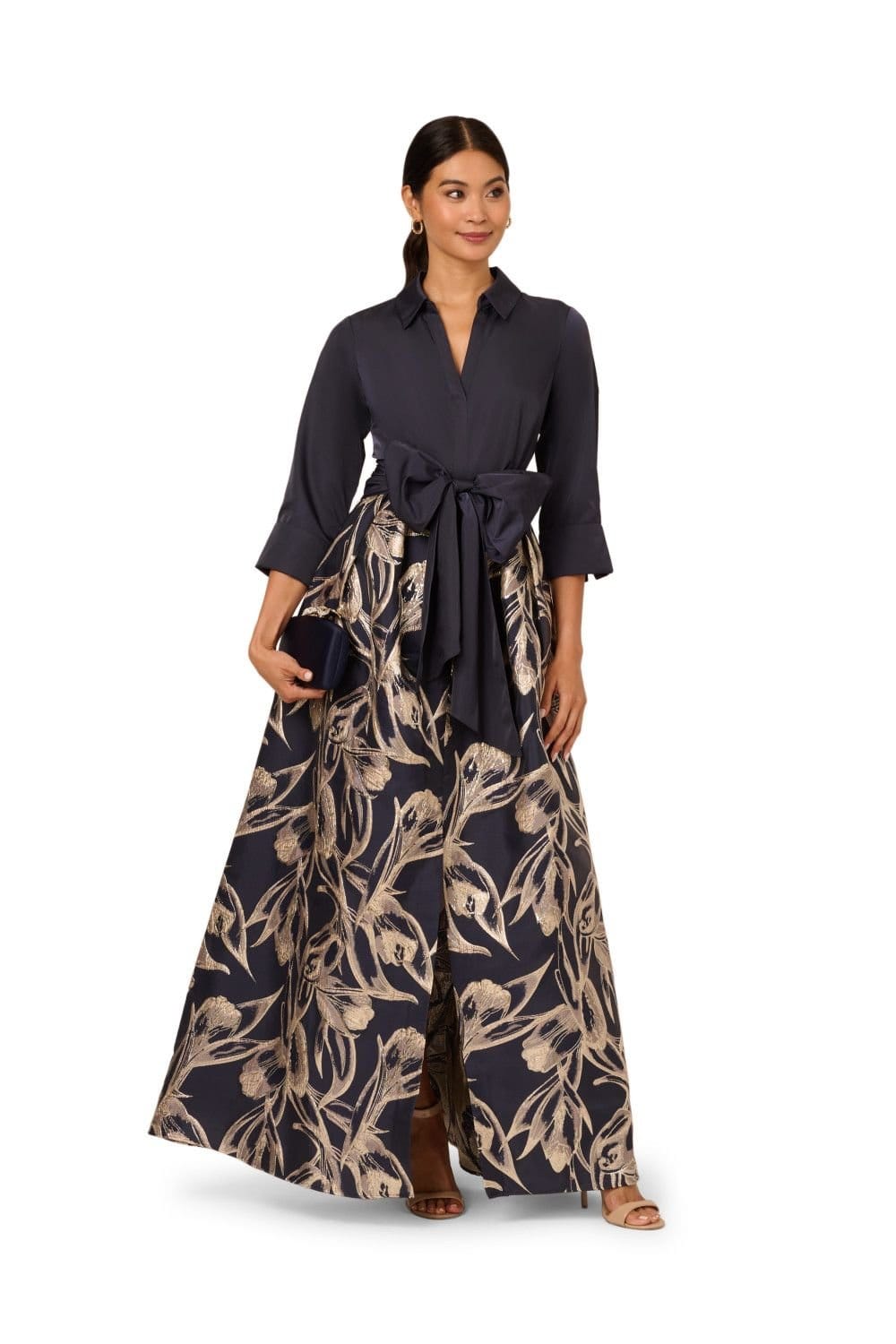 Adrianna Papell Navy Jacquard Long Dress