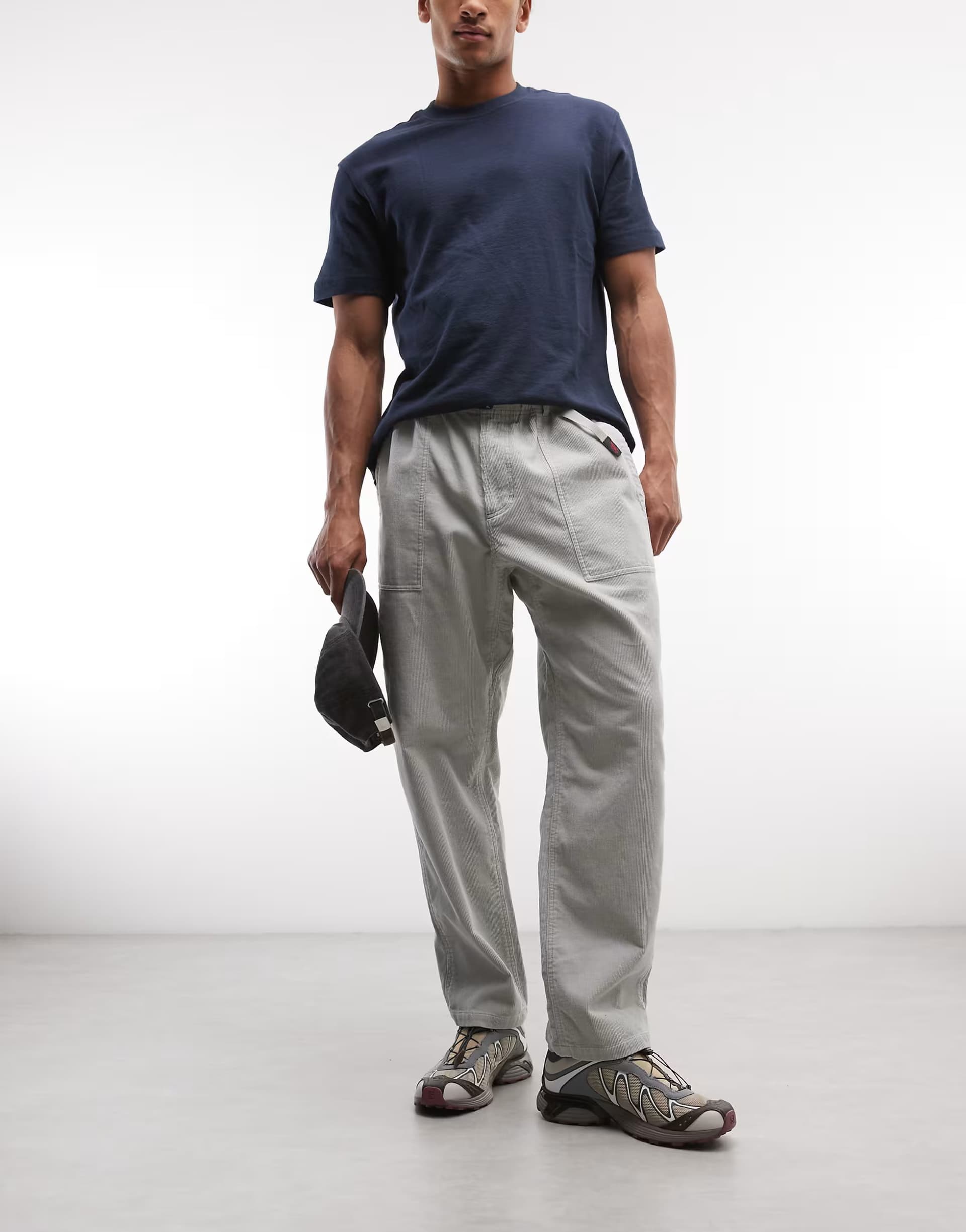 ASOS Gramicci cord loose tapered trousers in smokey grey