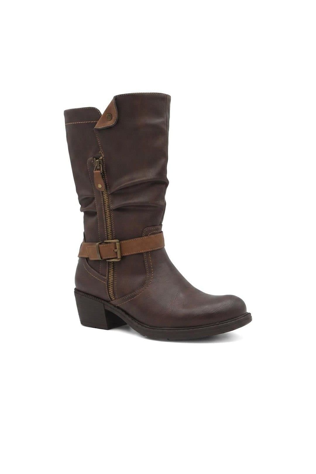 Pavers Pavers Women's Waterproof Zip & Buckle Heeled Calf Boots in Brown