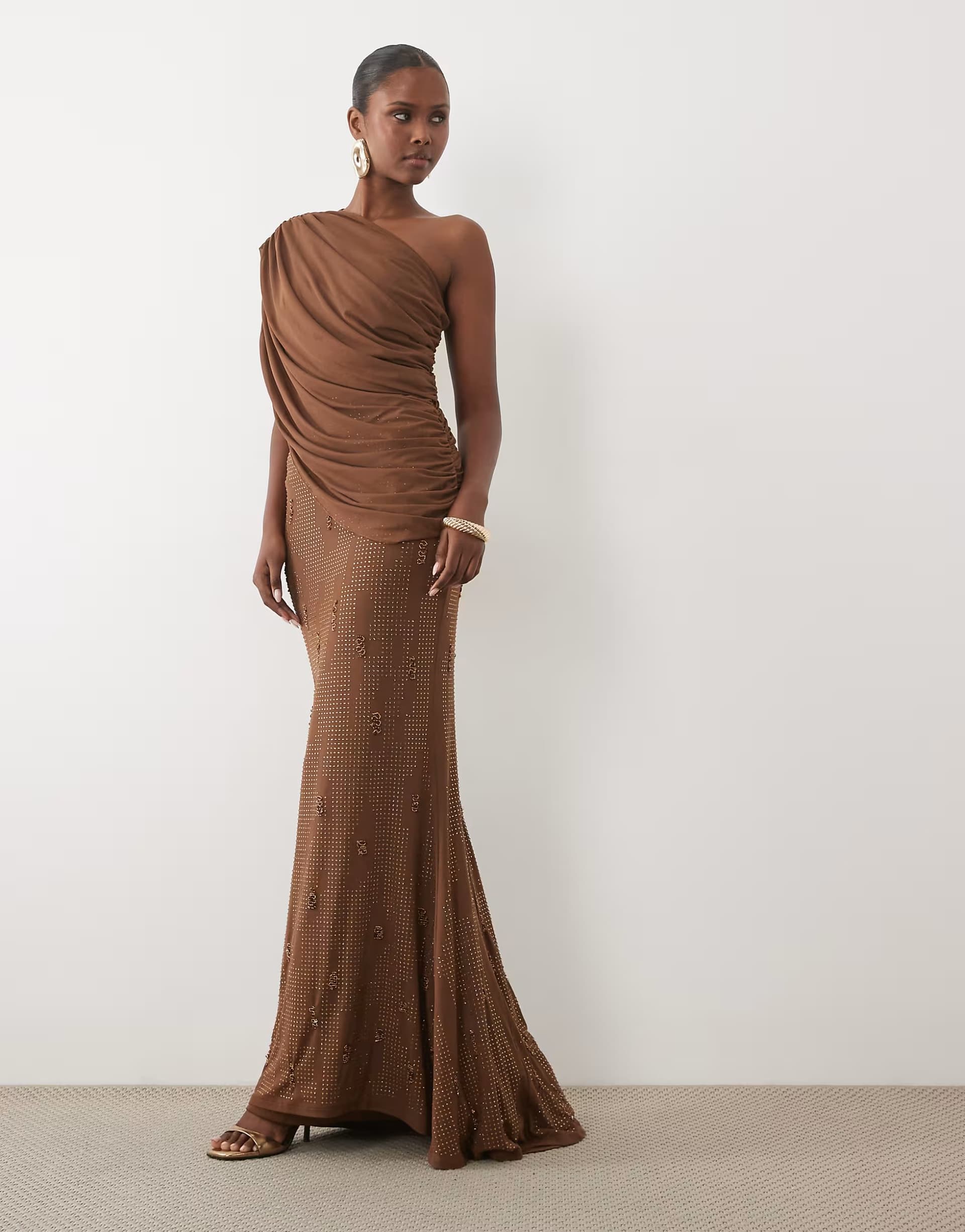 ASOS ASOS DESIGN draped one shoulder maxi dress with hotfix embellished skirt in chocolate