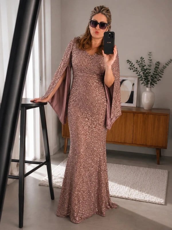 Champagne Rose Sequin Prom Dress with Cape Sleeves Size 12