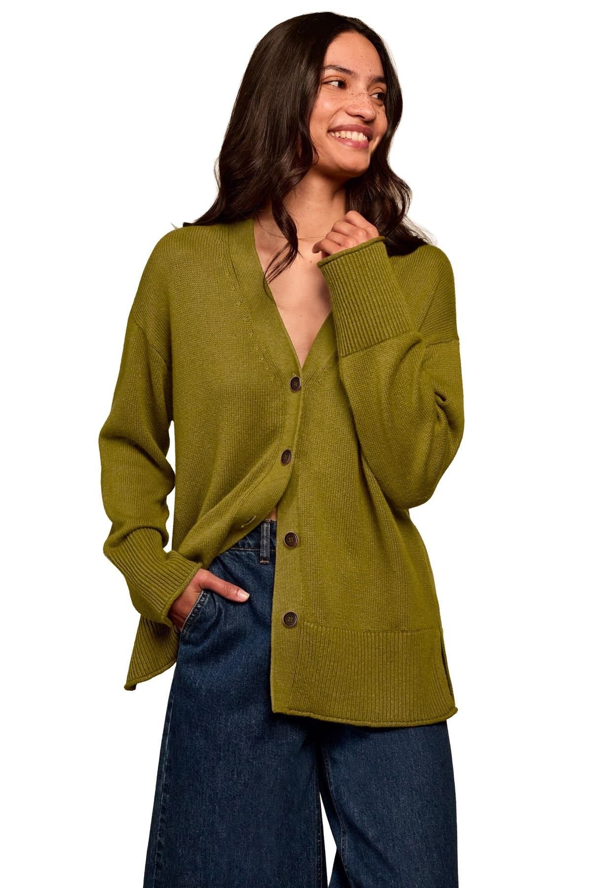 Celtic & Co Celtic & Co Women's Drop Shoulder Slouch Cardigan in Olive