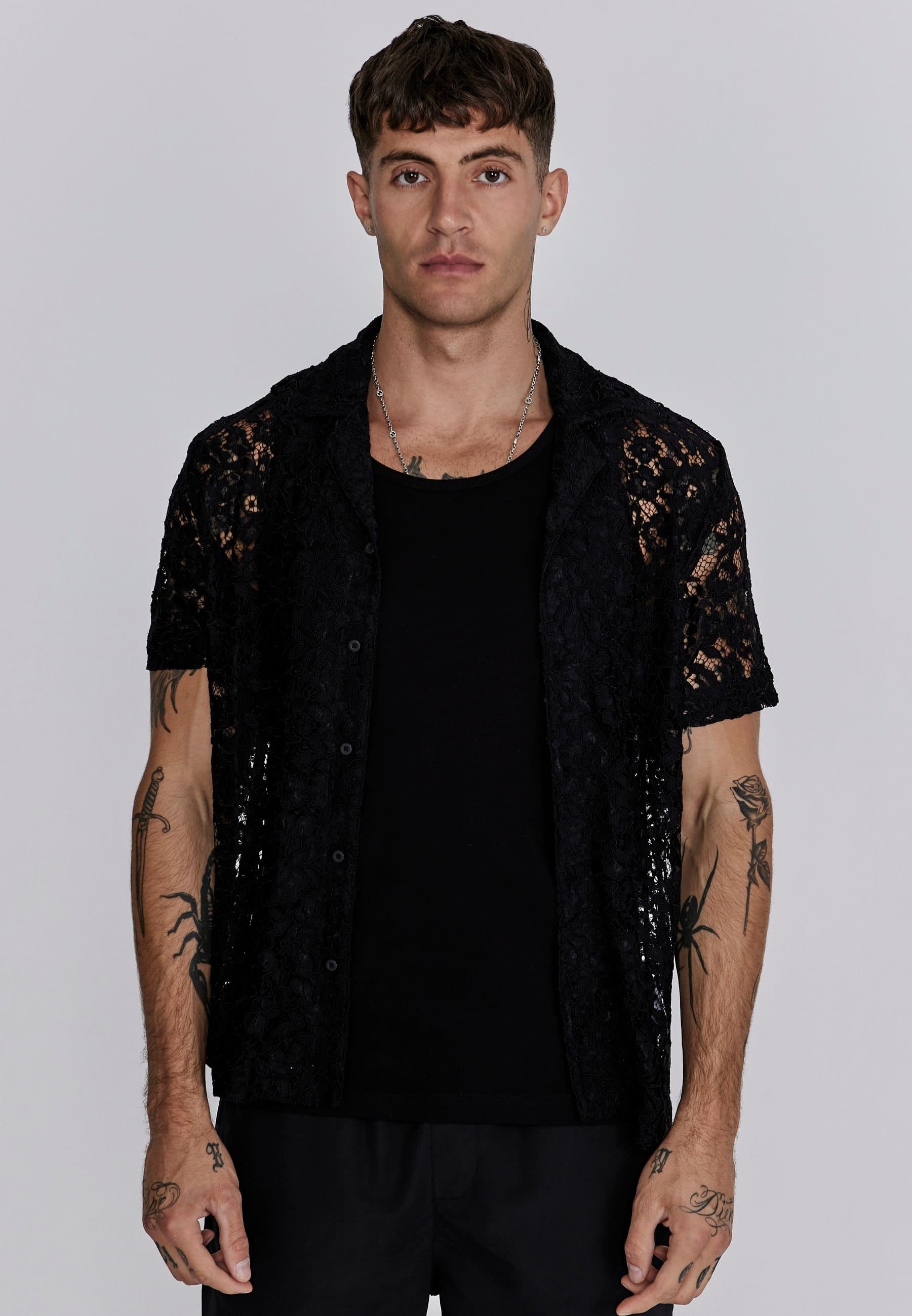 SikSilk SikSilk Men's Ecru Lace Resort Shirt in Black