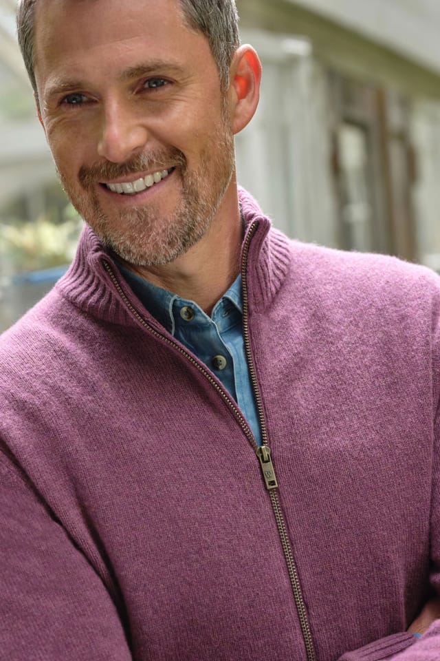 WoolOvers WoolOvers Men's Mens 100% Lambswool Lincoln Zipper Cardigan in Plum - 2