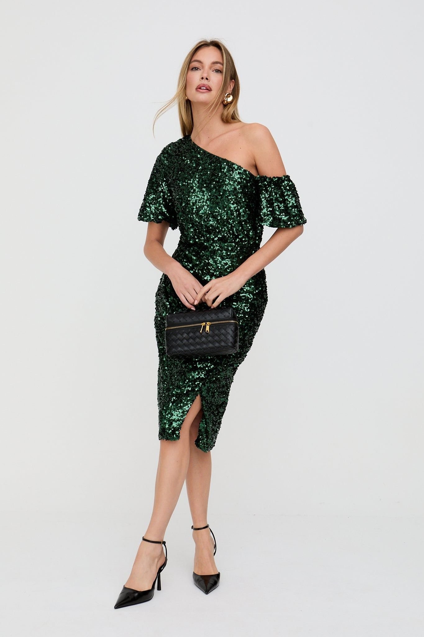 Lily and Lionel Lily and Lionel Women's Nola Asymmetric Off-Shoulder Sequins Midi Dress In Green - 2