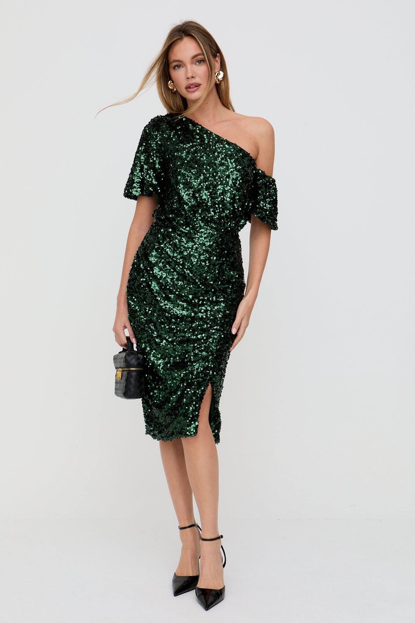 Lily and Lionel Lily and Lionel Women's Nola Asymmetric Off-Shoulder Sequins Midi Dress In Green - 3