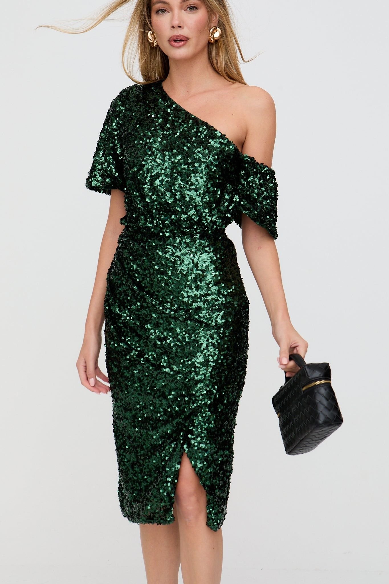Lily and Lionel Lily and Lionel Women's Nola Asymmetric Off-Shoulder Sequins Midi Dress In Green - 4