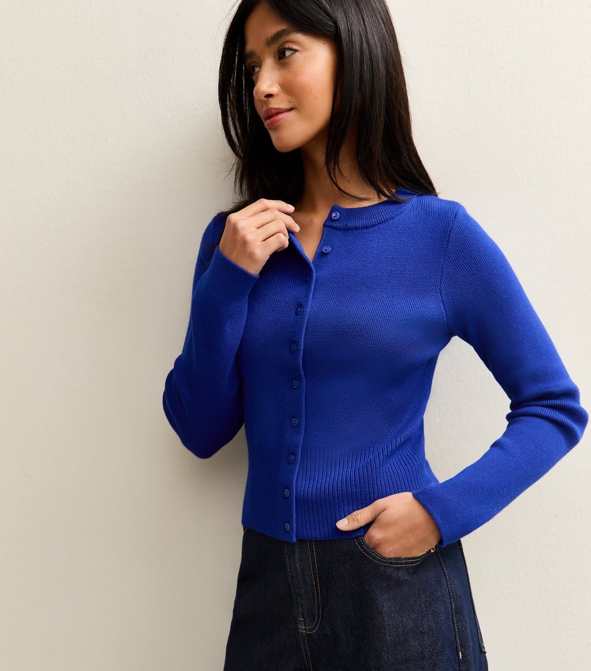 New Look Women's Petite Bright Blue Compact Knit Crew Neck Cardigan New Look