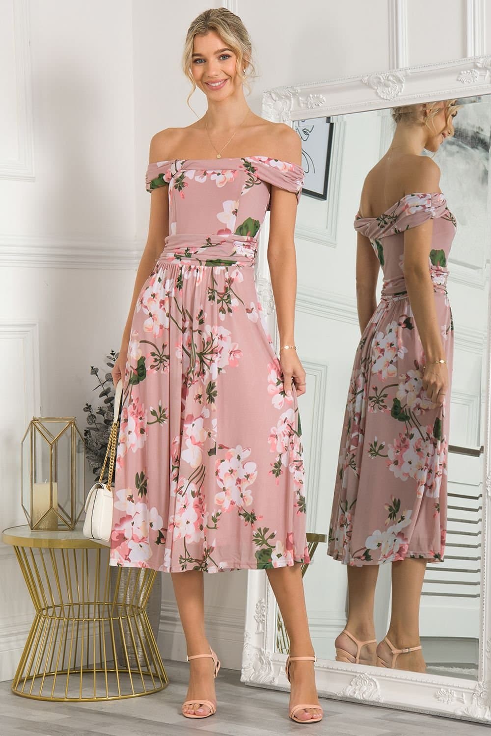 Jolie Moi Jolie Moi Women's Rawiya Bardot Neck Mesh Dress in Light Pink