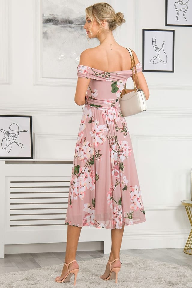 Jolie Moi Jolie Moi Women's Rawiya Bardot Neck Mesh Dress in Light Pink - 2