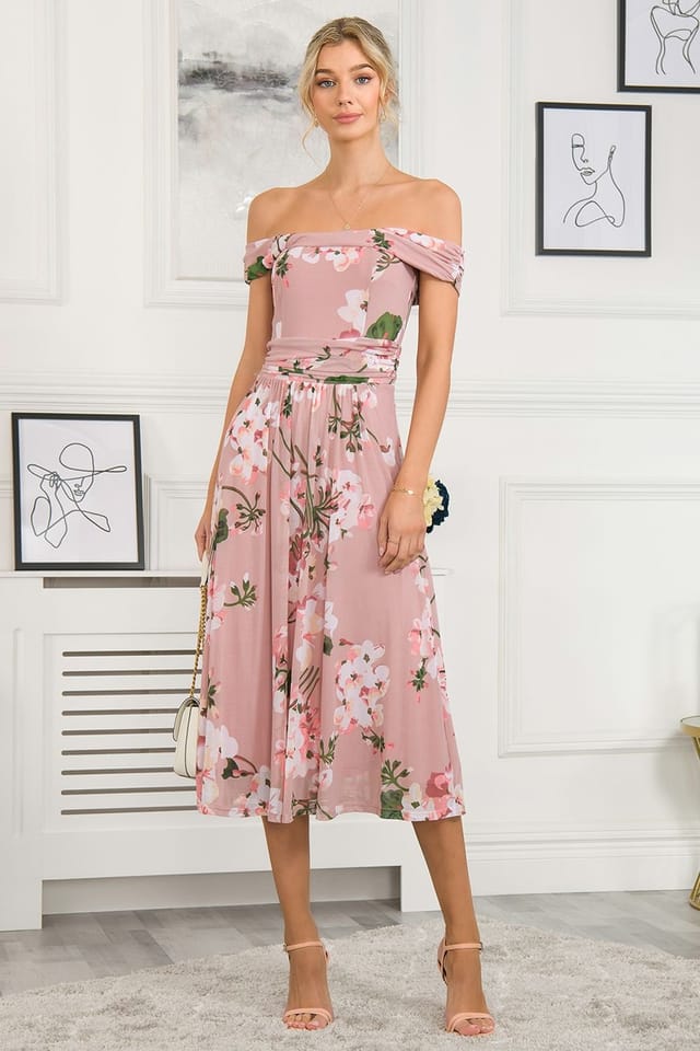 Jolie Moi Jolie Moi Women's Rawiya Bardot Neck Mesh Dress in Light Pink - 3