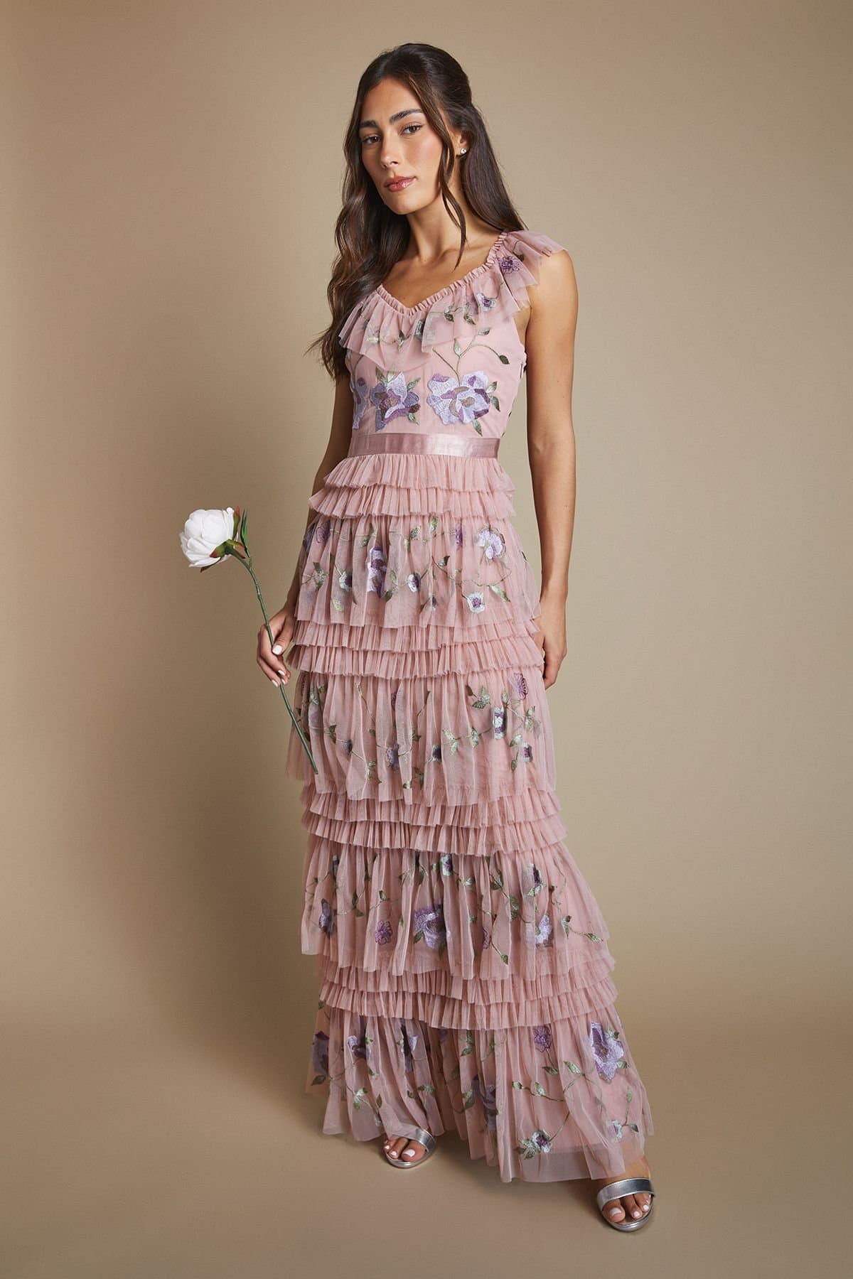 Coast Coast Women's Embroidered Mesh Ruffle Pleat Maxi Bridesmaid Dress in Antique Rose