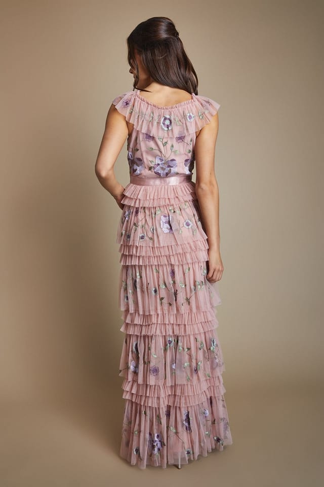 Coast Coast Women's Embroidered Mesh Ruffle Pleat Maxi Bridesmaid Dress in Antique Rose - 3