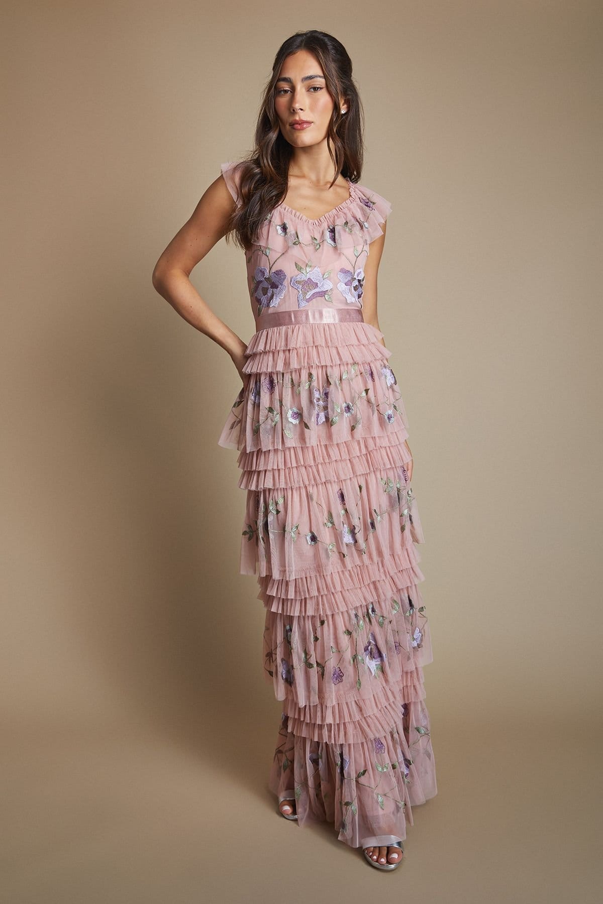 Coast Coast Women's Embroidered Mesh Ruffle Pleat Maxi Bridesmaid Dress in Antique Rose - 4
