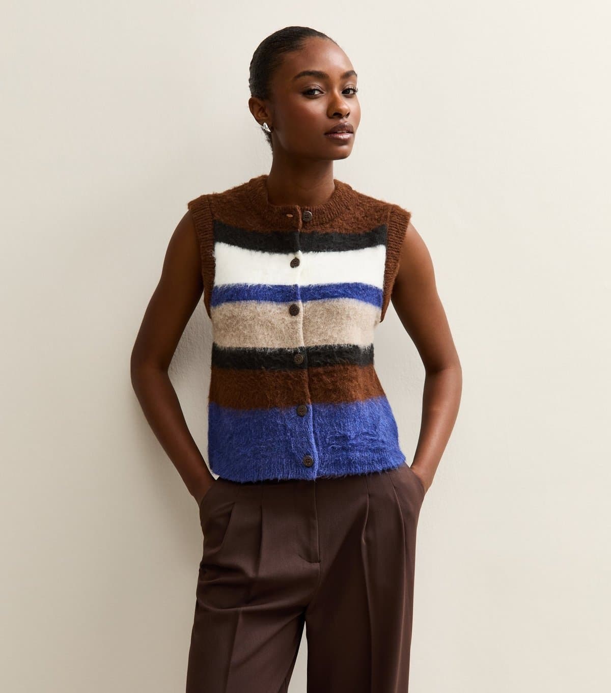 New Look Women's Brown Brushed Striped Waistcoat New Look