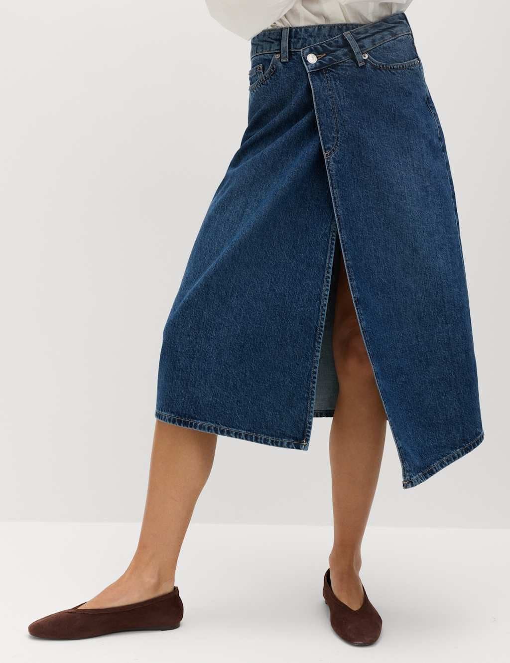 Marks & Spencer M&S Pure Cotton Denim Asymmetric Midi Wrap Skirt Medium Indigo