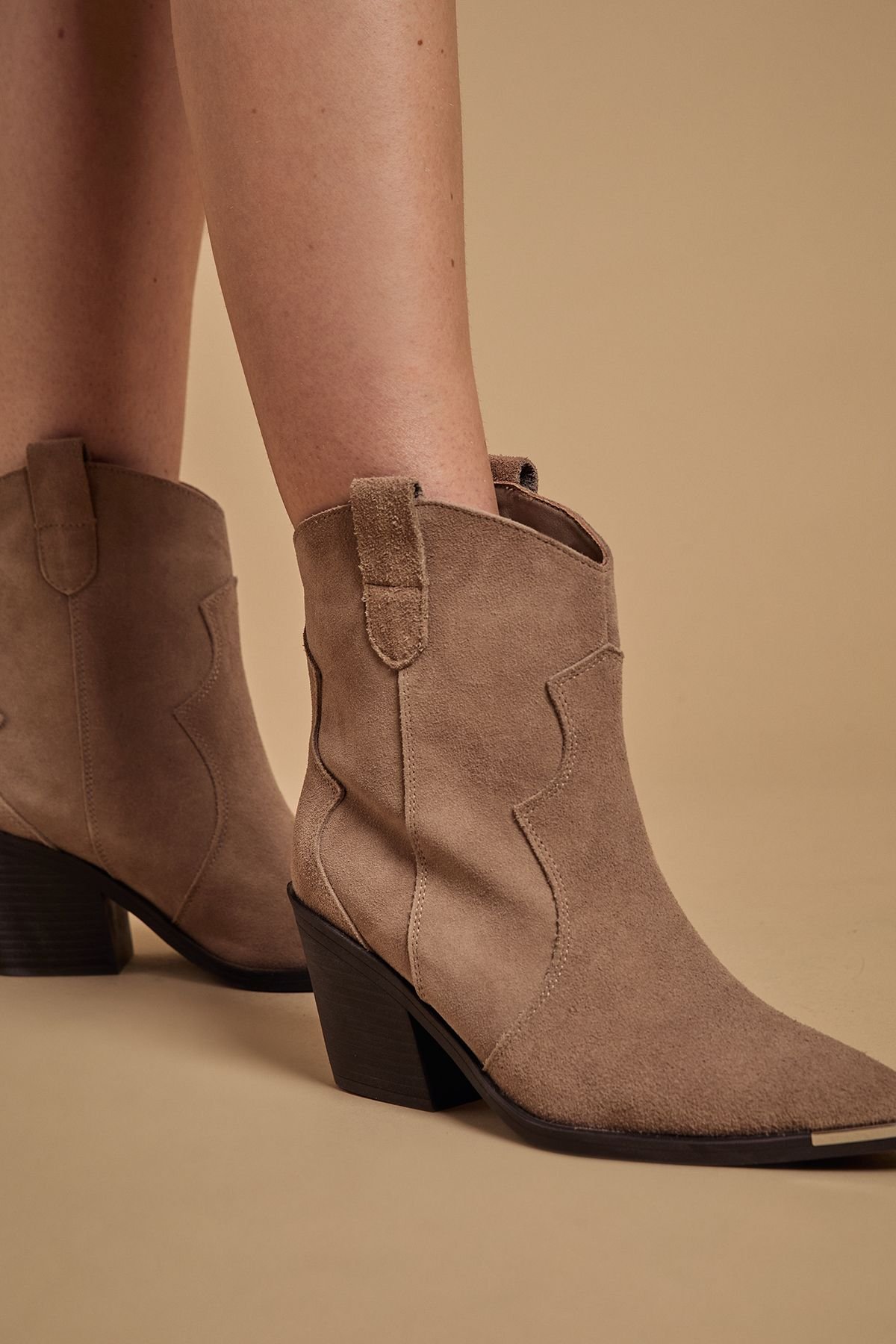 Oasis Oasis Women's Tammy Real Suede Metal Trim Western Ankle Boots in Beige - 3