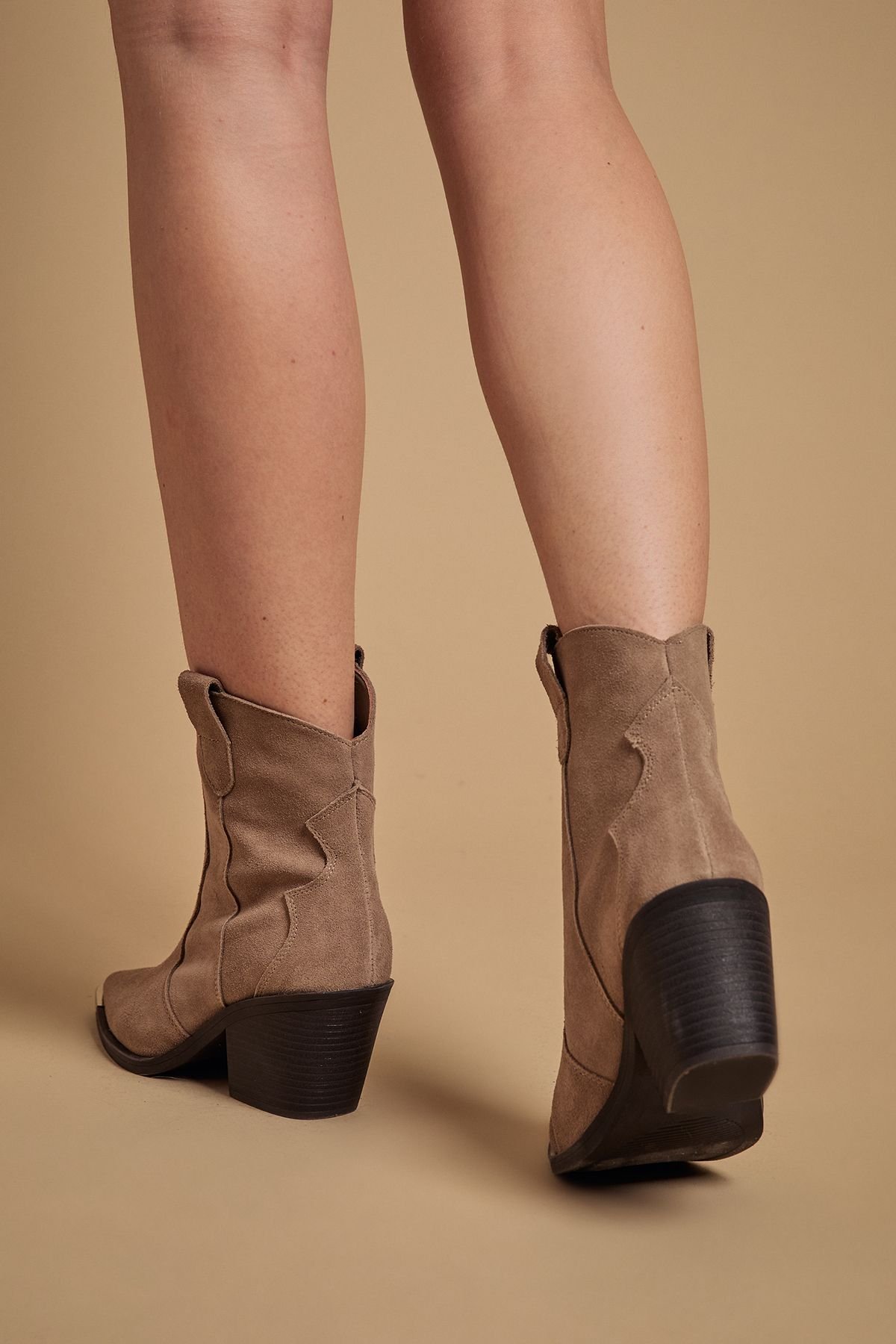 Oasis Oasis Women's Tammy Real Suede Metal Trim Western Ankle Boots in Beige - 4