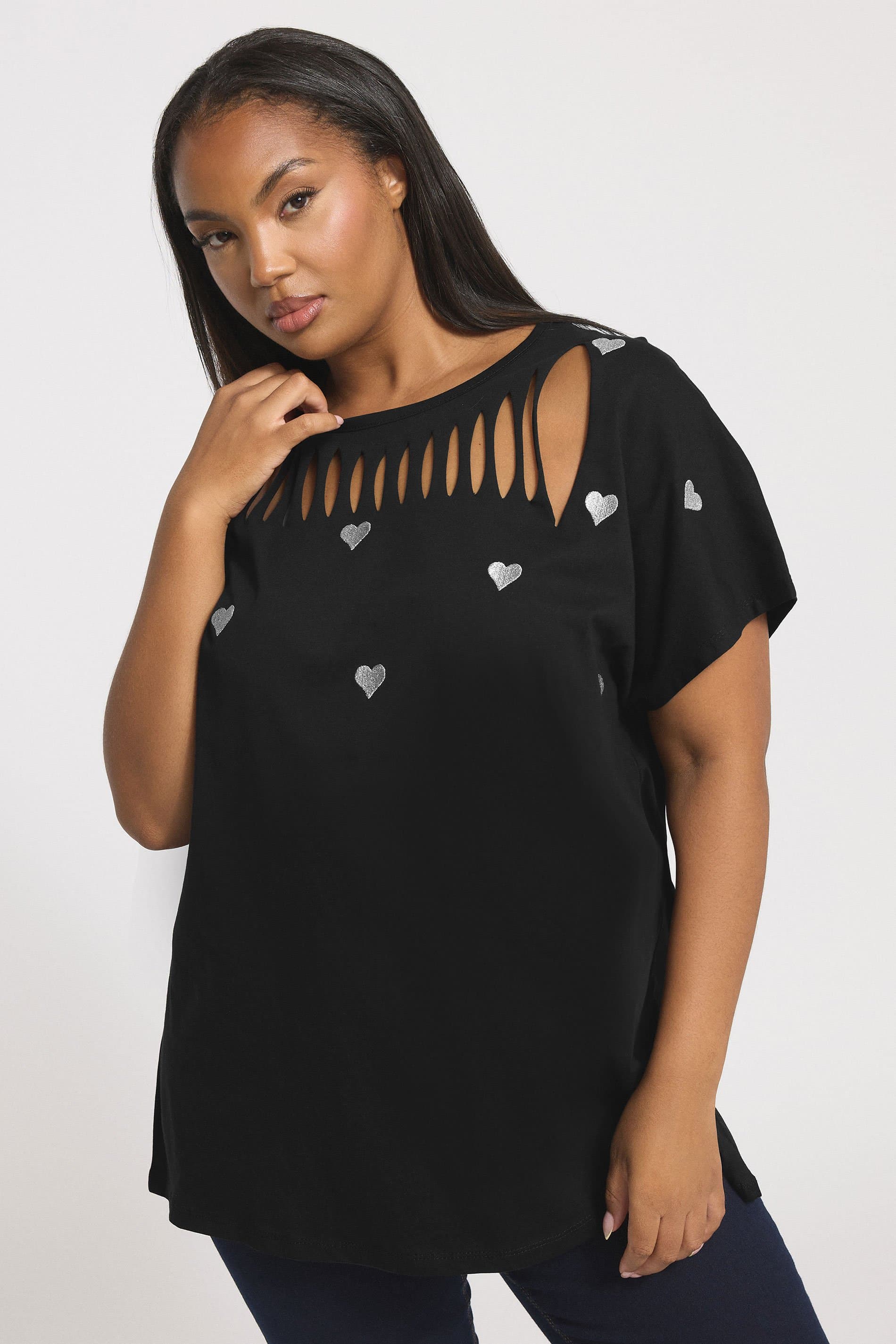 Yours Plus Size Black Embroidered Heart Slash Detail Top
