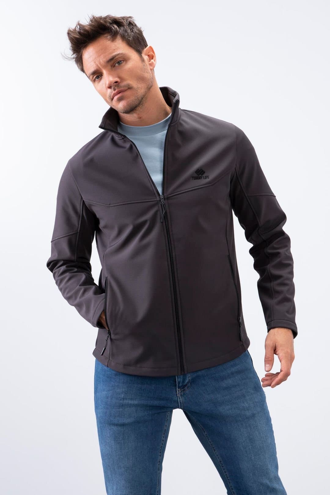 Tommy Life Tommy Life Men's Solid Scuba Zip-Front Jacket in Charcoal