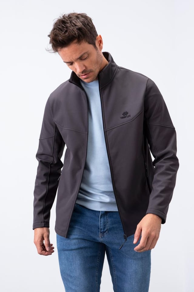 Tommy Life Tommy Life Men's Solid Scuba Zip-Front Jacket in Charcoal - 3