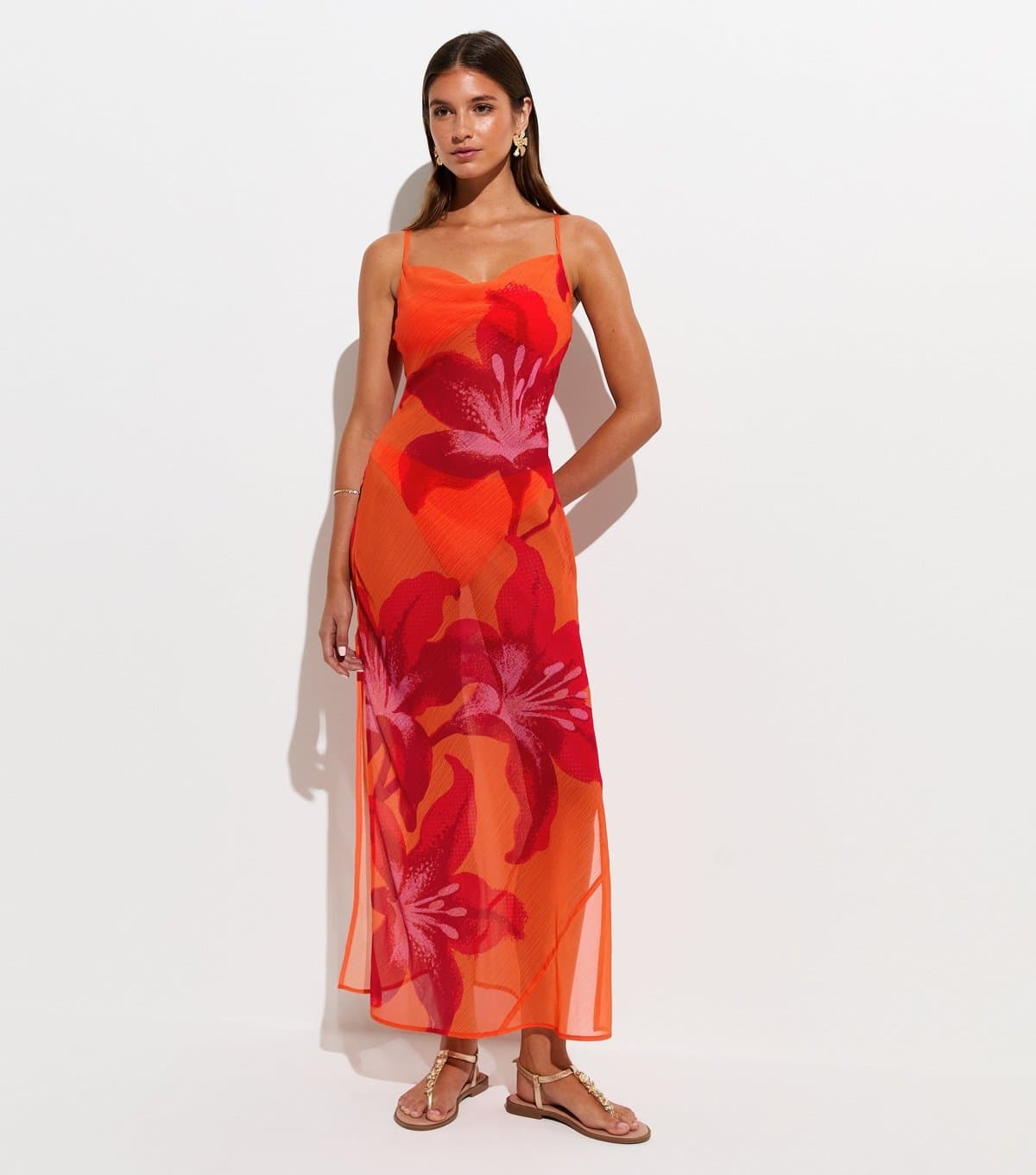 New Look Women's Orange Semi-Sheer Hibiscus Print Maxi Beach Dress New Look