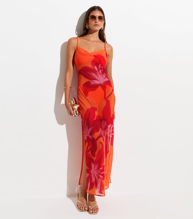 New Look Women's Orange Semi-Sheer Hibiscus Print Maxi Beach Dress New Look - 3